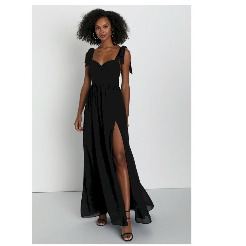 Lulus Radiant Charisma Black Chiffon Ruched Tie-Strap Maxi Dress Size Large New